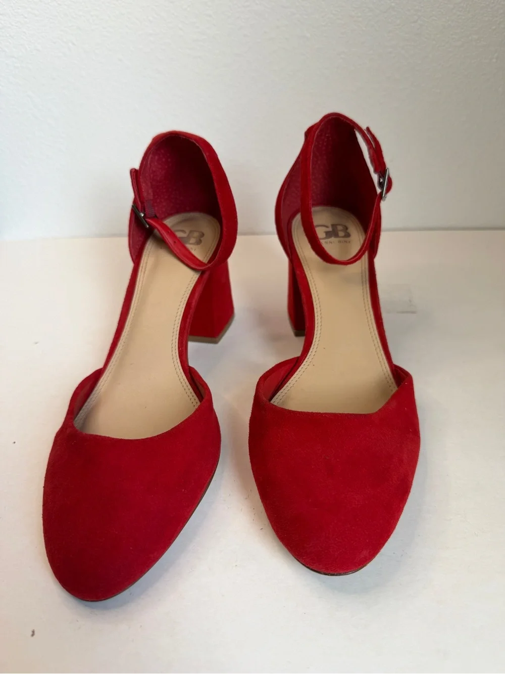 Gianni Bini Women's Red Leather Suede Block Heel Ankle Strap Pumps Size 8.5 Flaw